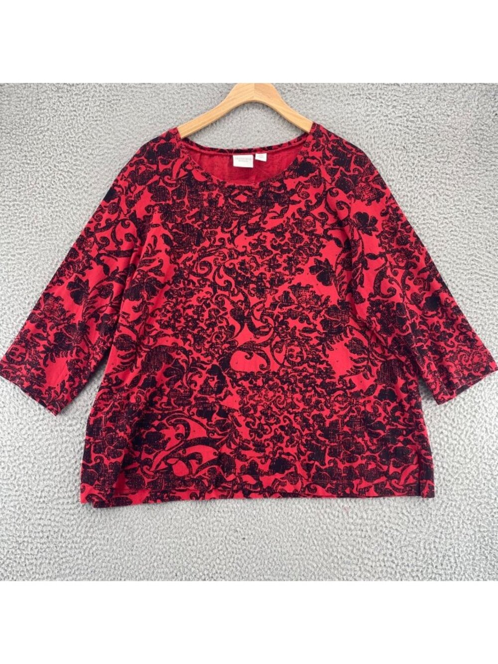 Chicos Top Womens 3 US Extra Large Red Floral Rhinestone 3/4 Sleeve Cotton Tee